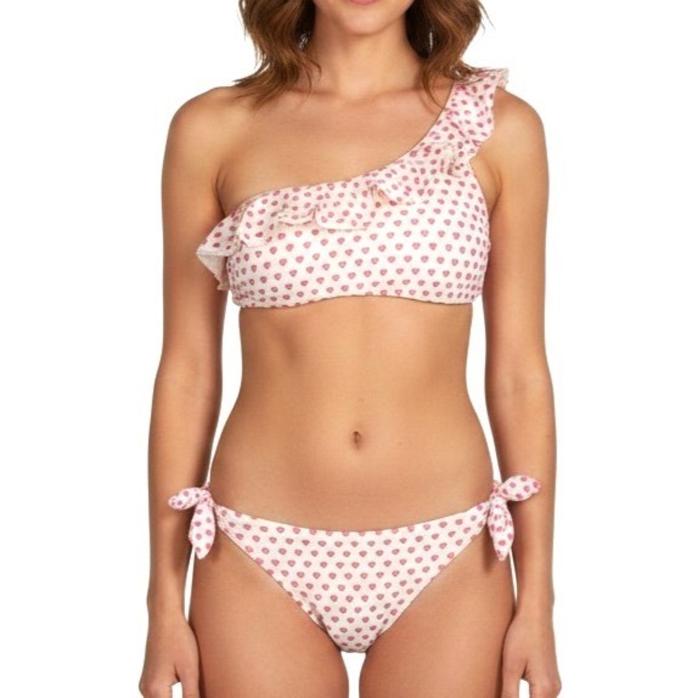 ROLLER RABBIT White w/PINK HEARTS Ruffle One-Shoulder BIKINI Swim Suit Set Sz S